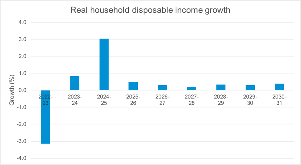 A bar chart showing real household disposable income growth from 2022 to 2030